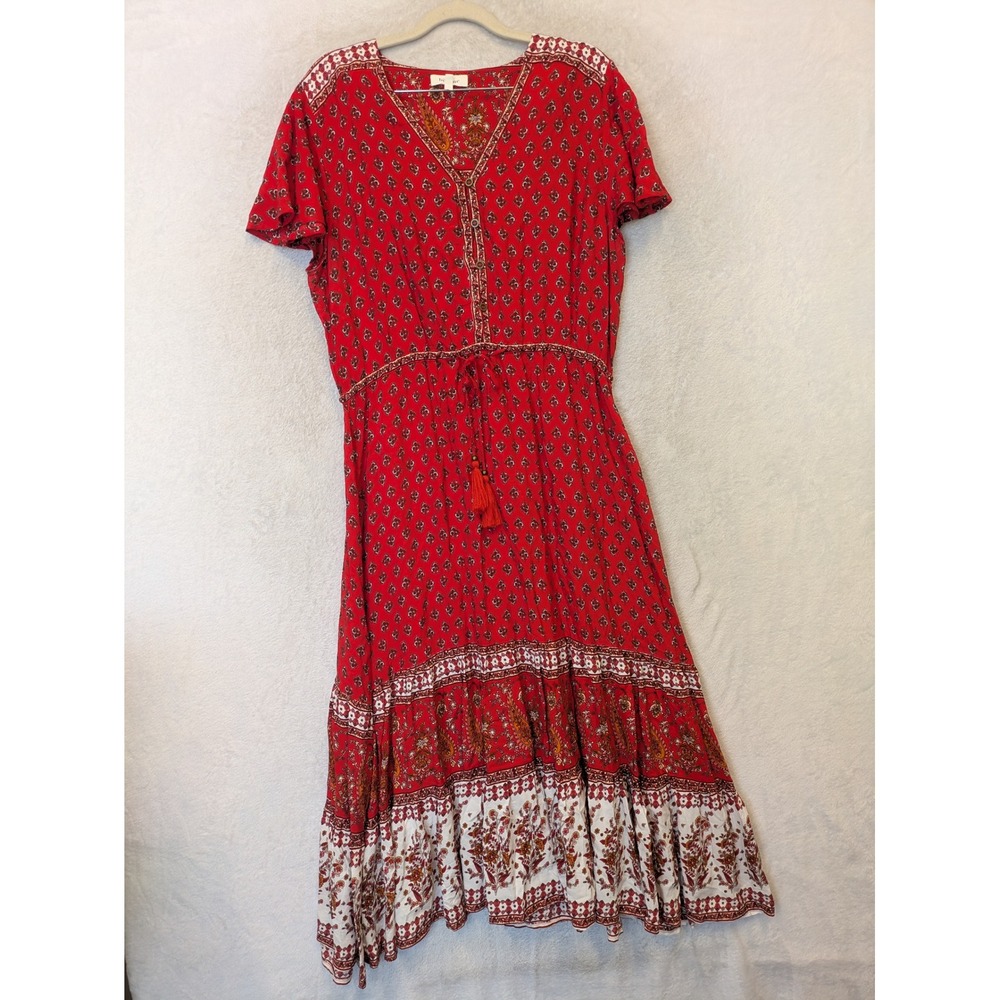 Böhme Midi Dress Women's XL Red Boho Paisley Tassel Tiered Short Sleeve V-Neck